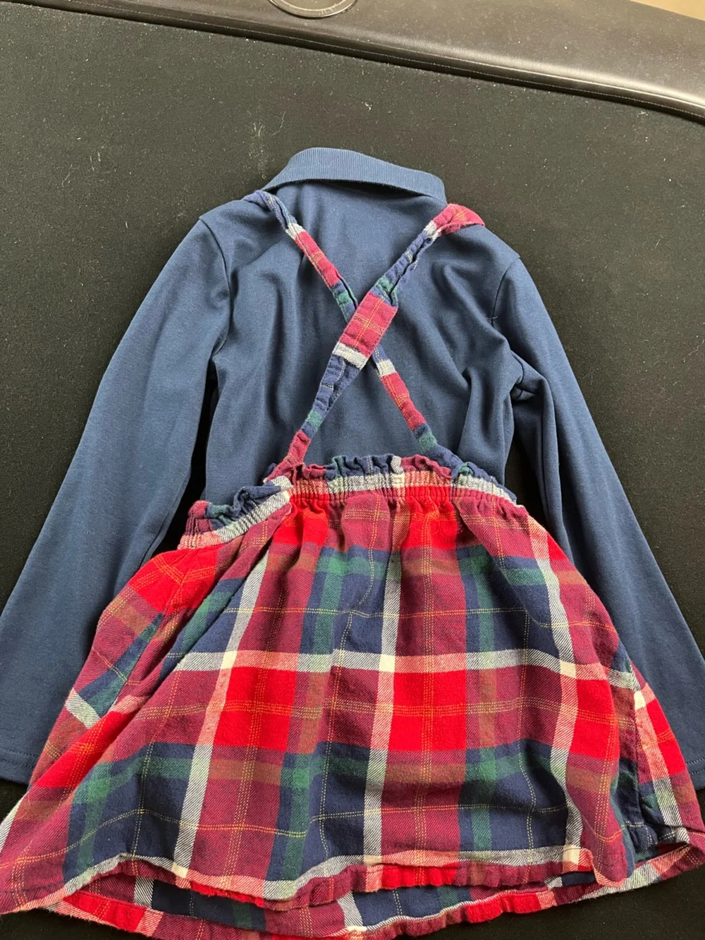 Navy Polo Top with Red & Blue Plaid Suspender Skirt